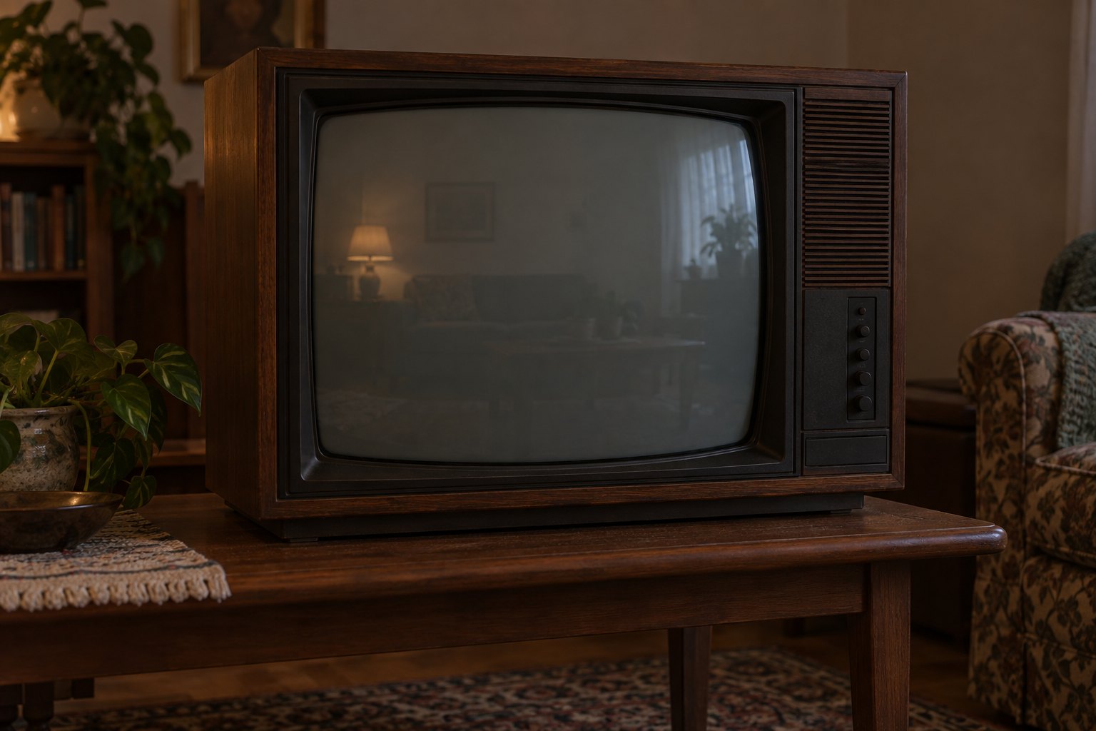 An old wood-cased cathode ray television standing switched off on a low table in a dim living room, its blank screen faintly reflecting the room