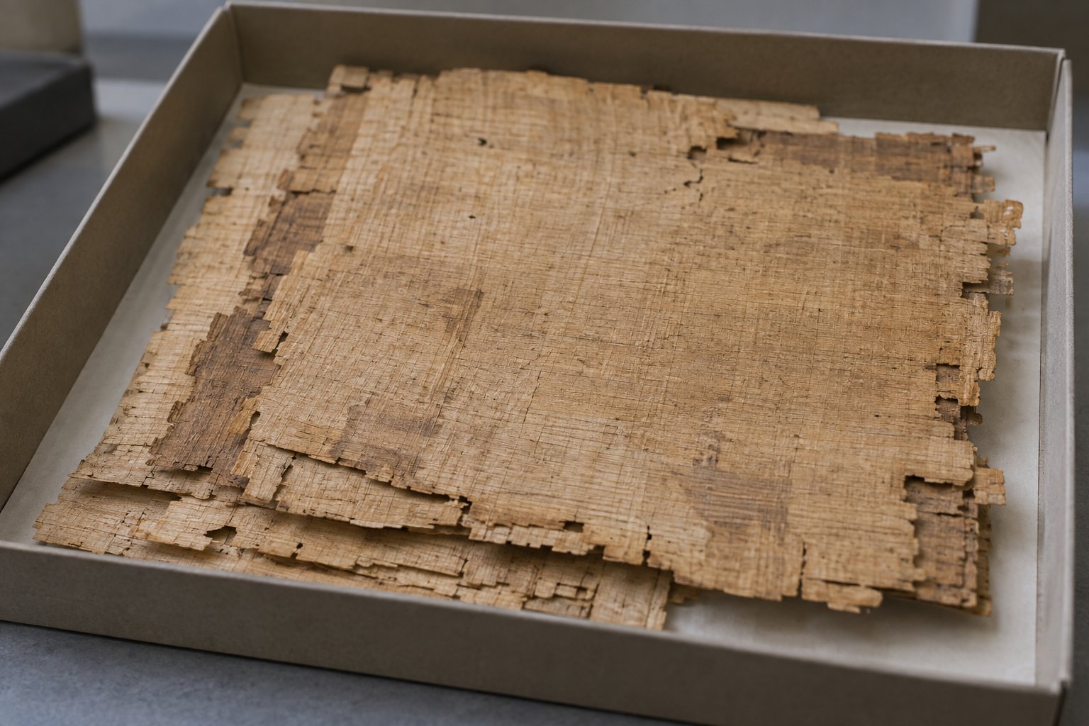 Several loose papyrus leaves with torn edges stacked unevenly inside a shallow open box, photographed in flat museum light