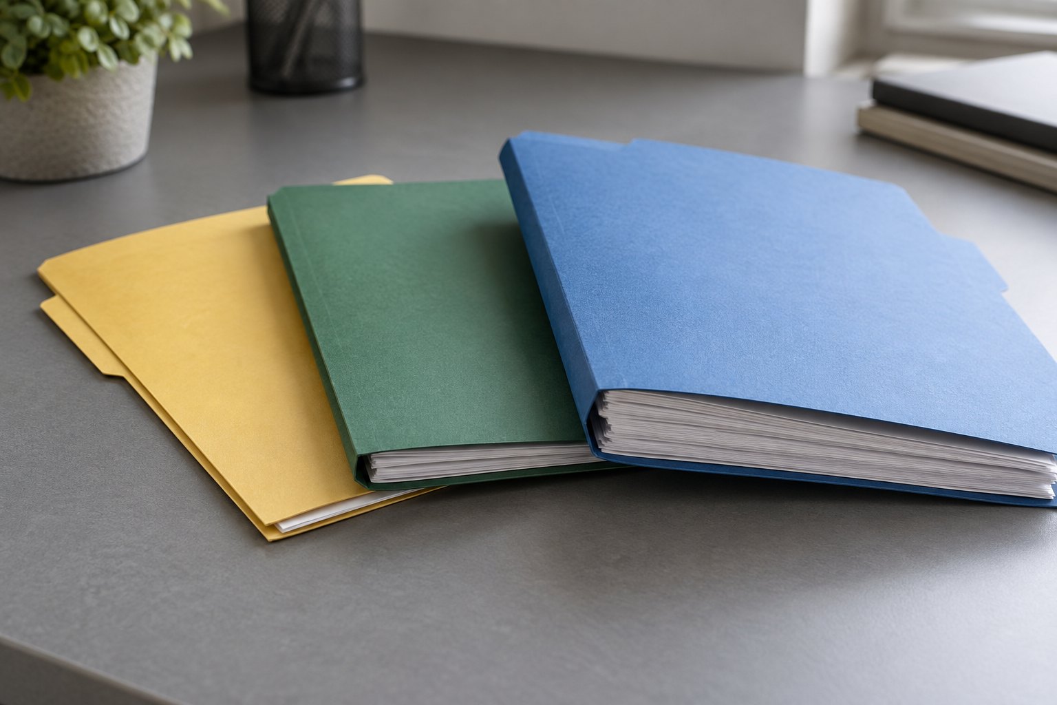 Three unlabelled archive folders of different colours fanned out on a grey desk, each holding a different thickness of paper