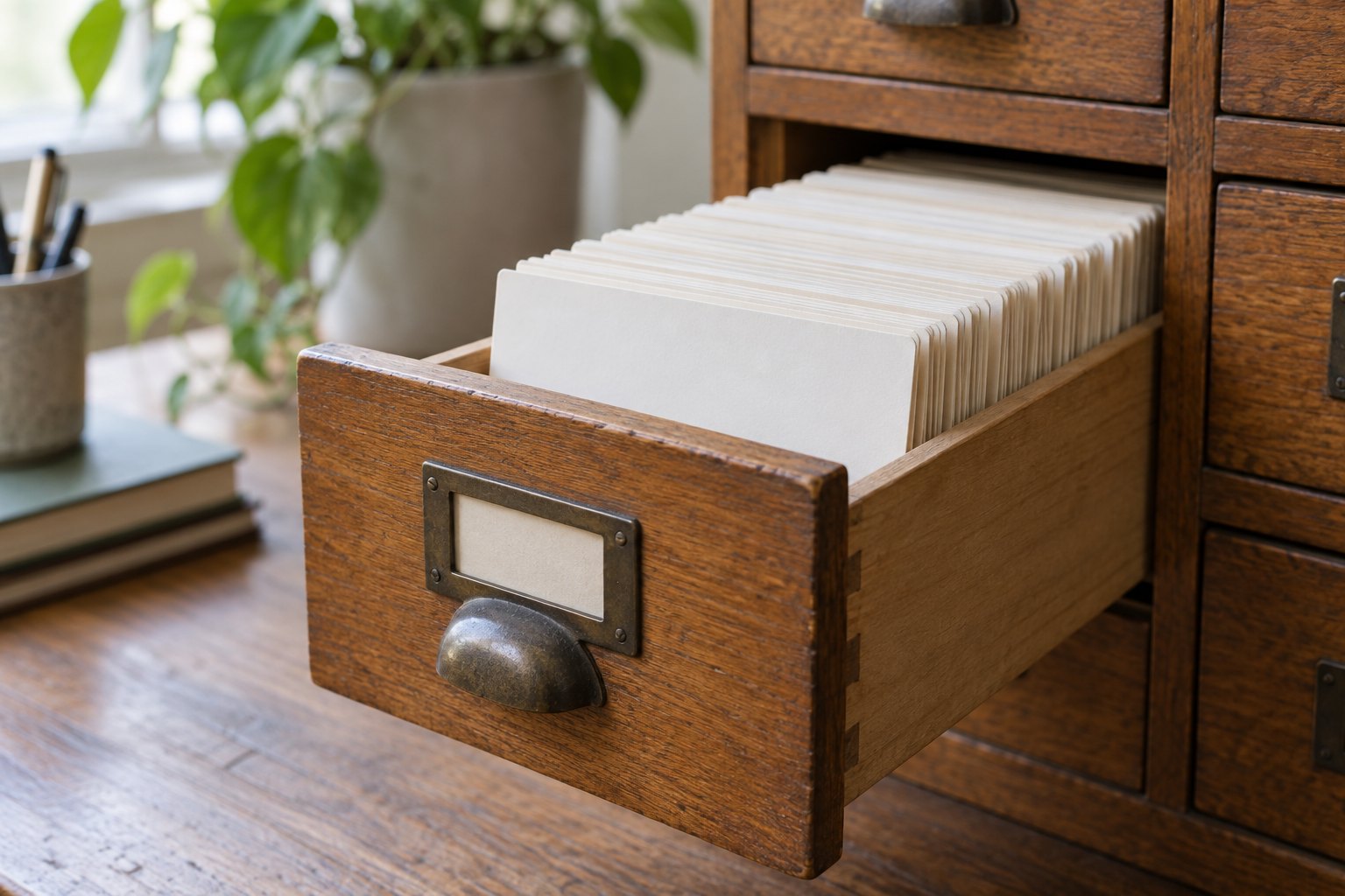 A wooden card-index drawer pulled half open on a desk, packed with blank unruled cards standing upright