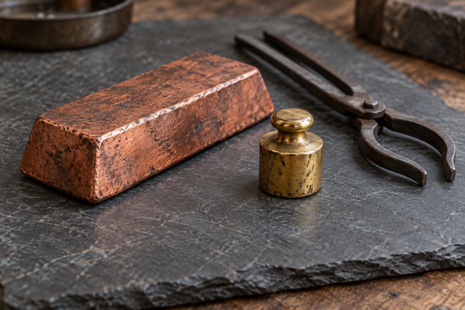 A worn copper ingot and a small brass weight resting on a slate surface beside a pair of jeweller's tongs