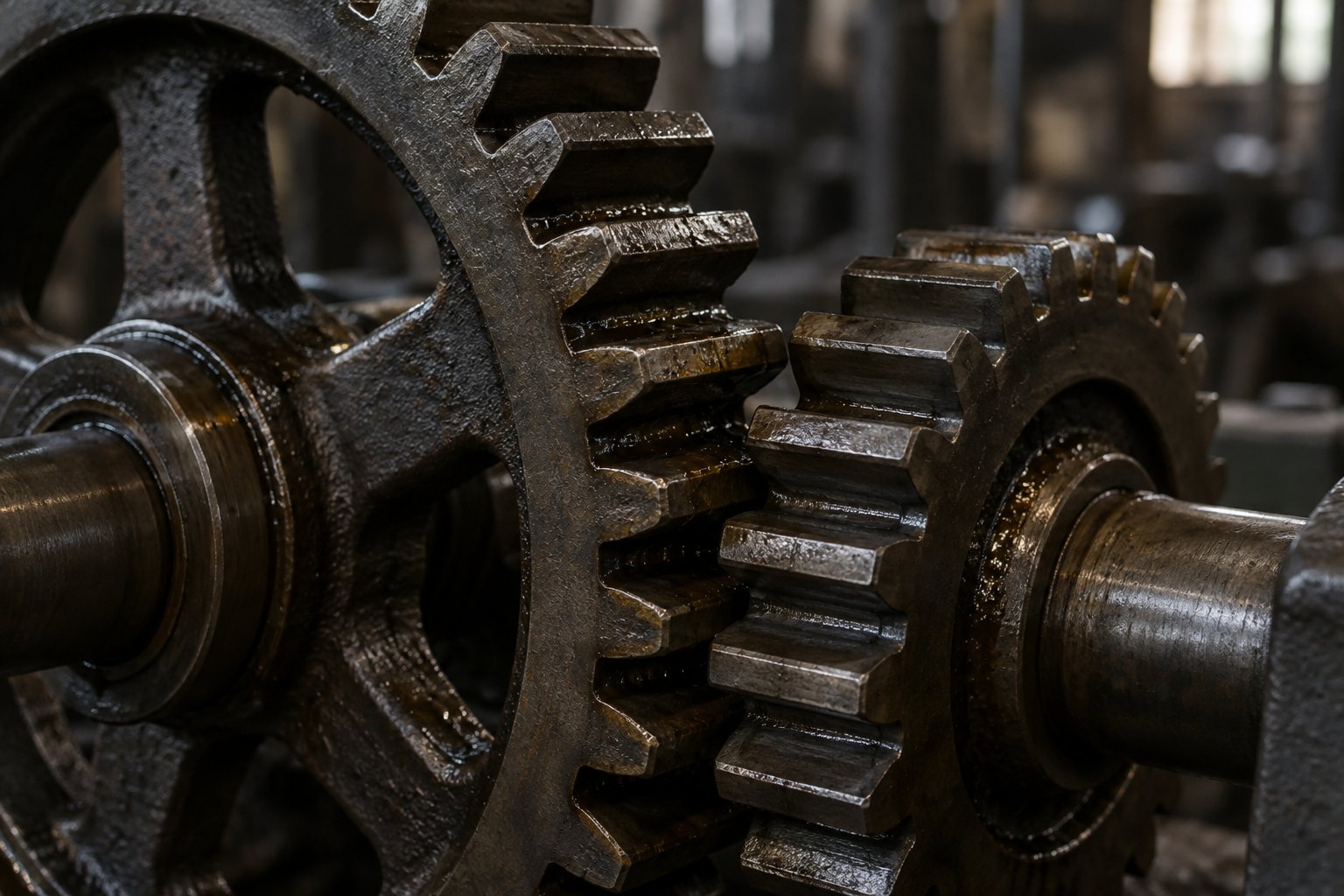 Two heavy iron gear wheels meshed together on an oiled shaft, photographed close in dim workshop light