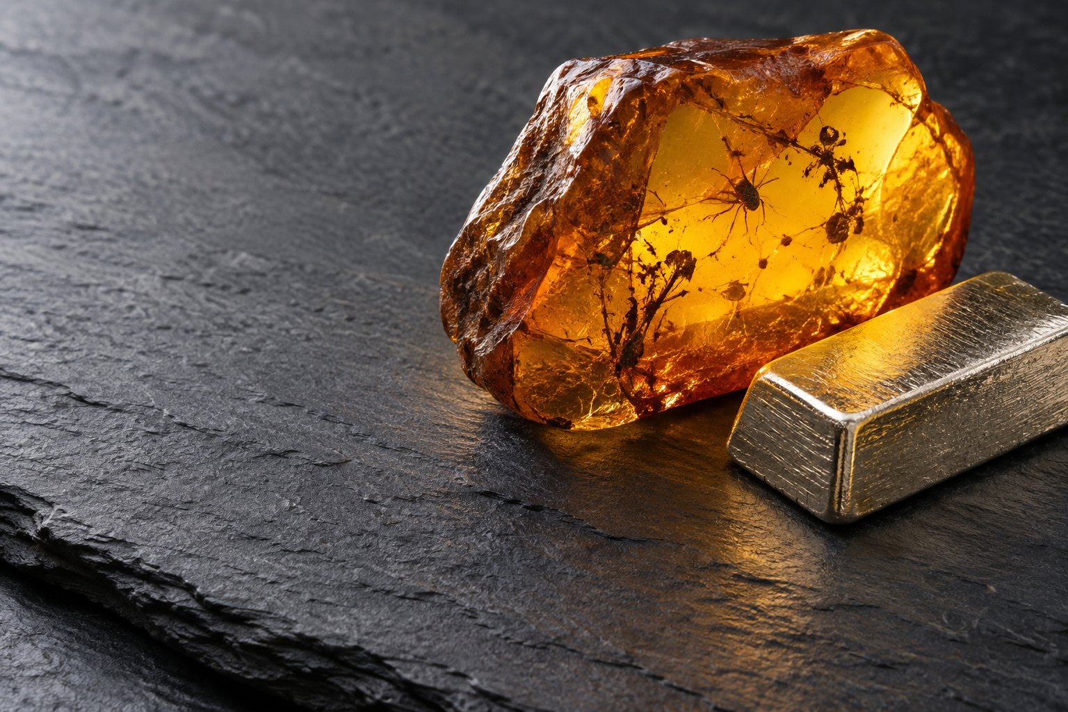 A polished piece of raw amber lit from behind beside a small pale gold and silver alloy ingot on a dark slate slab