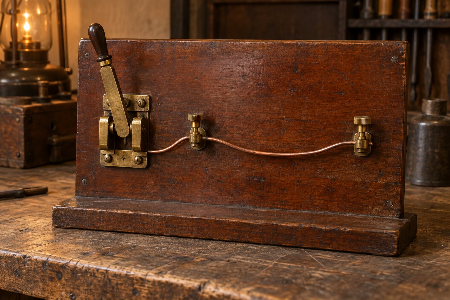 An early electrical demonstration board: a varnished wooden panel carrying a brass knife switch, two terminals and a length of bare copper wire, standing on a workbench