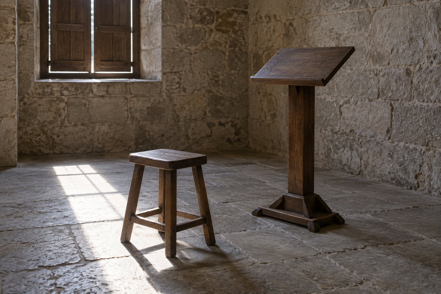 A single plain wooden stool facing a small empty reading lectern in a bare stone room, lit by one band of daylight from a shuttered window