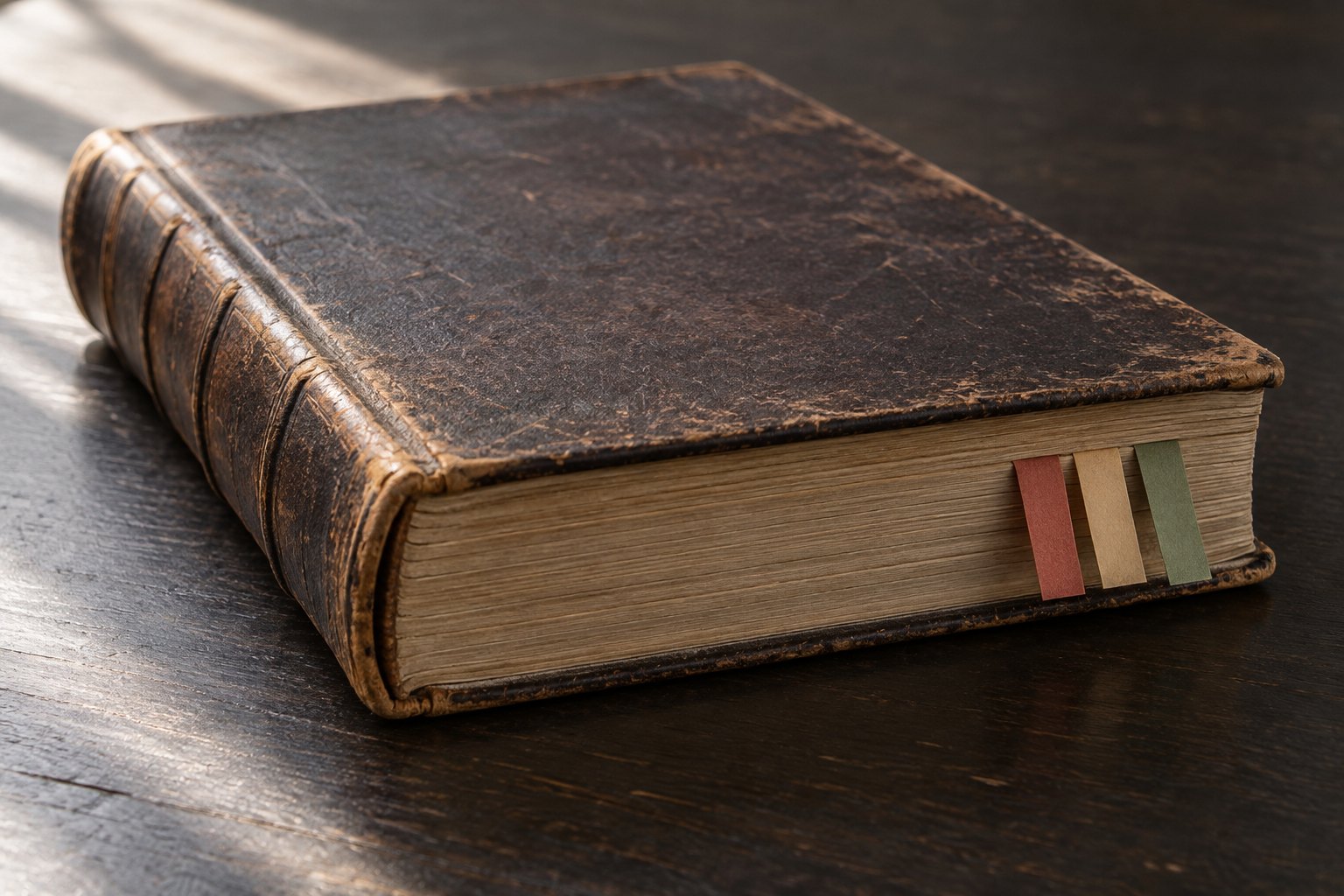 A thick closed leather-bound book lying flat on a dark table with exactly three narrow paper marker tabs protruding close together from one edge