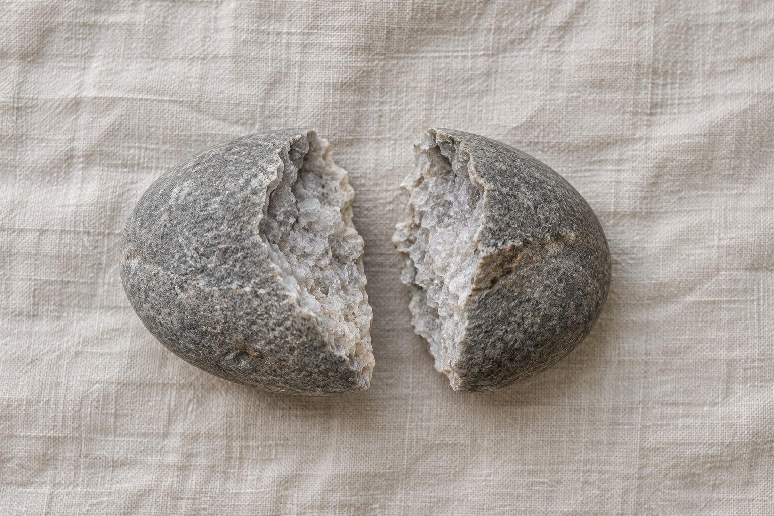 Two halves of a split river stone laid slightly apart on a linen cloth, the broken faces turned upward in soft daylight