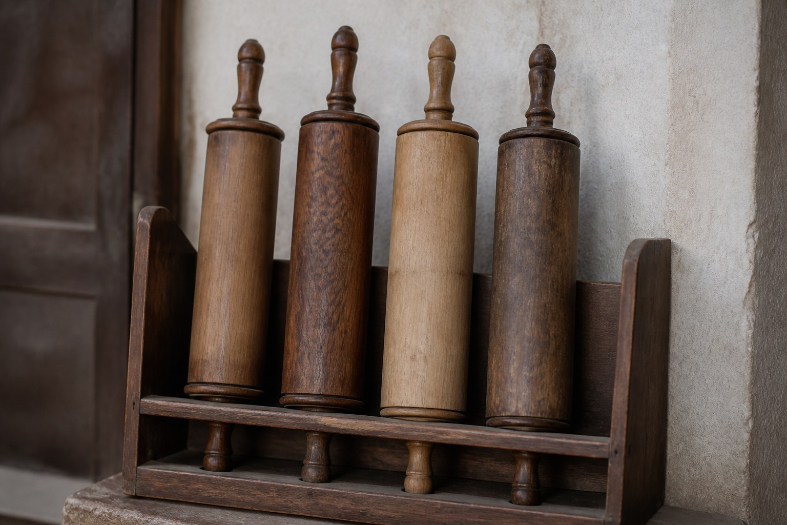 Four turned wooden scroll rollers standing together in a plain rack