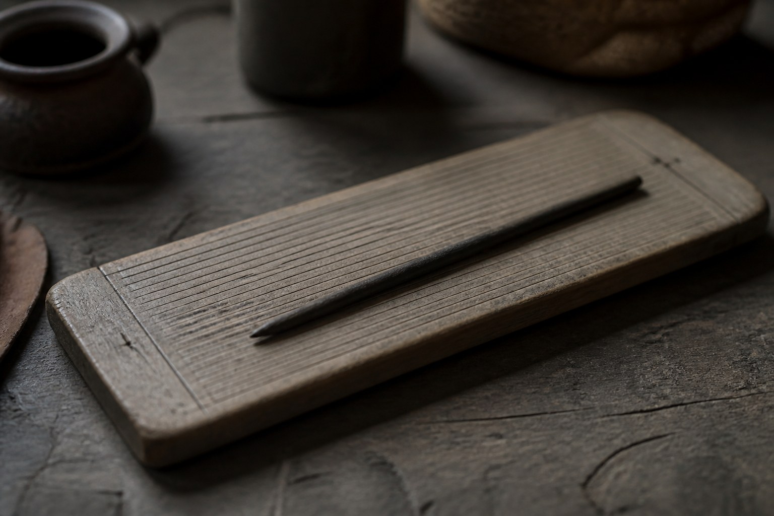 A scribe's ruling board with a blunt stylus lying across its scored guide lines