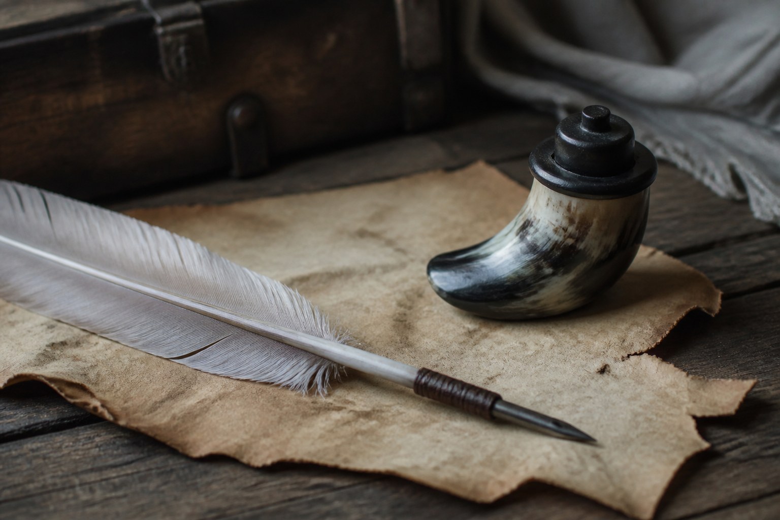 A quill pen and a horn inkwell resting on an offcut of parchment