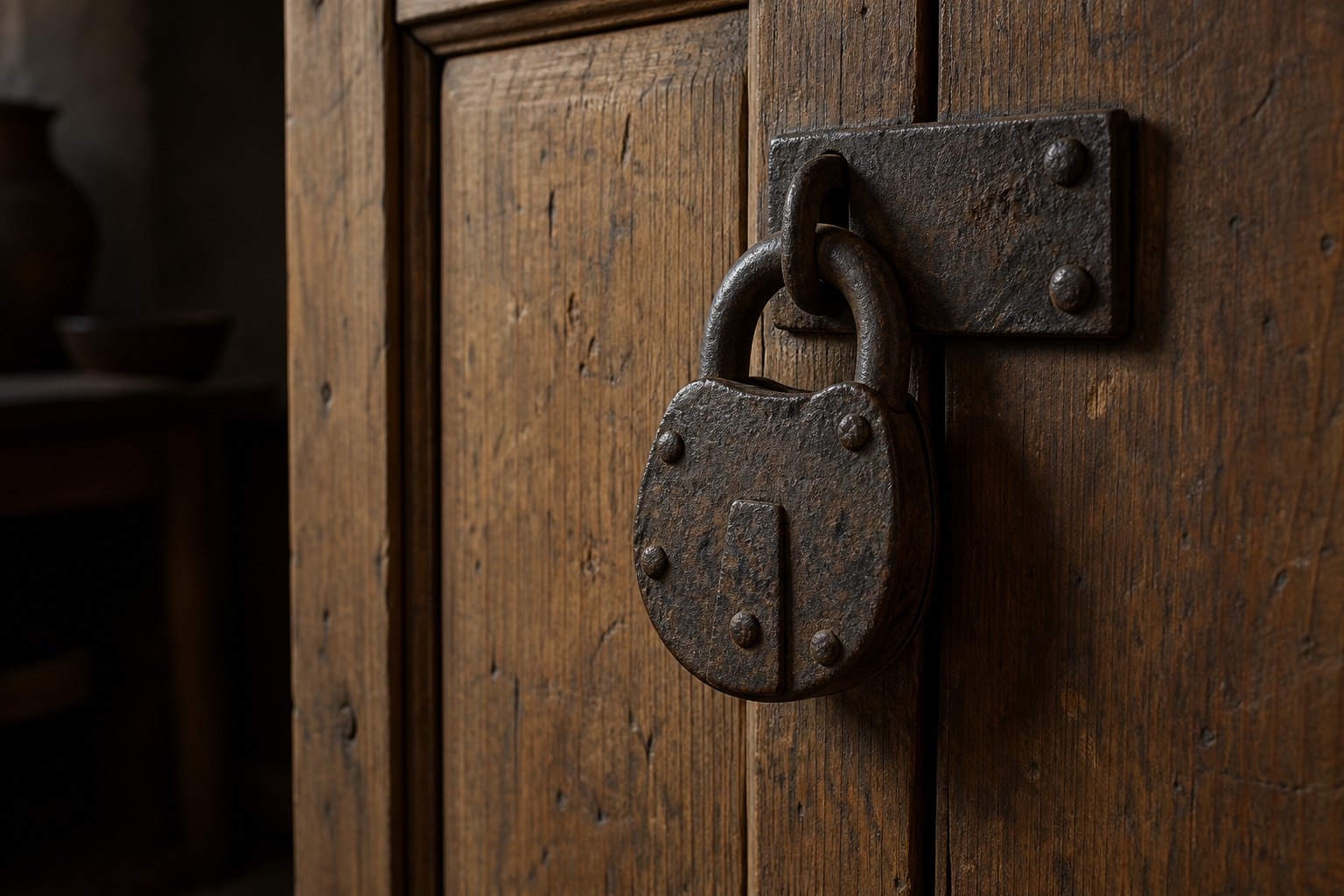 A heavy old iron padlock hanging closed on the iron hasp of a plain wooden cupboard door in a dim room