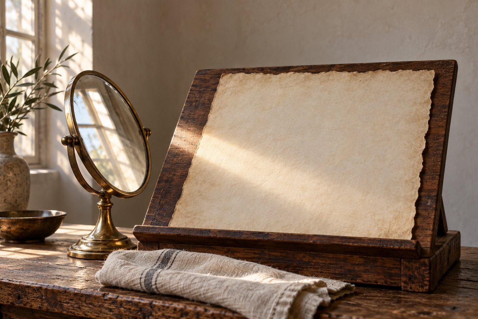 A blank sheet of aged parchment on a sloped reading stand with a small brass mirror beside it throwing a band of daylight across the empty page