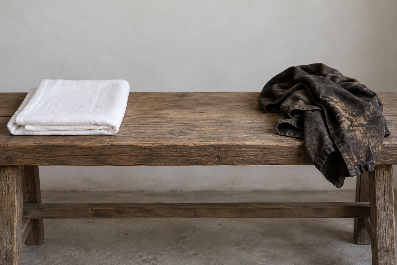 A clean folded white linen cloth at one end of a plain wooden bench and a crumpled, earth-stained dark garment at the other