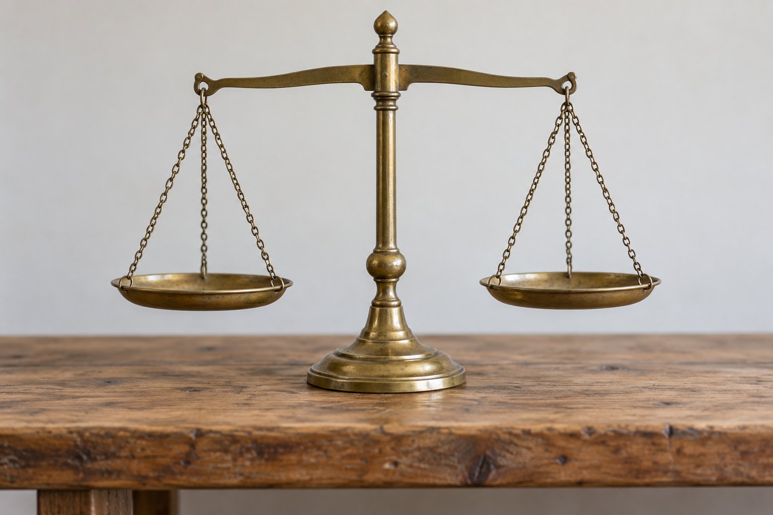 An old brass balance scale with both pans empty and level, standing on a plain wooden bench in even light
