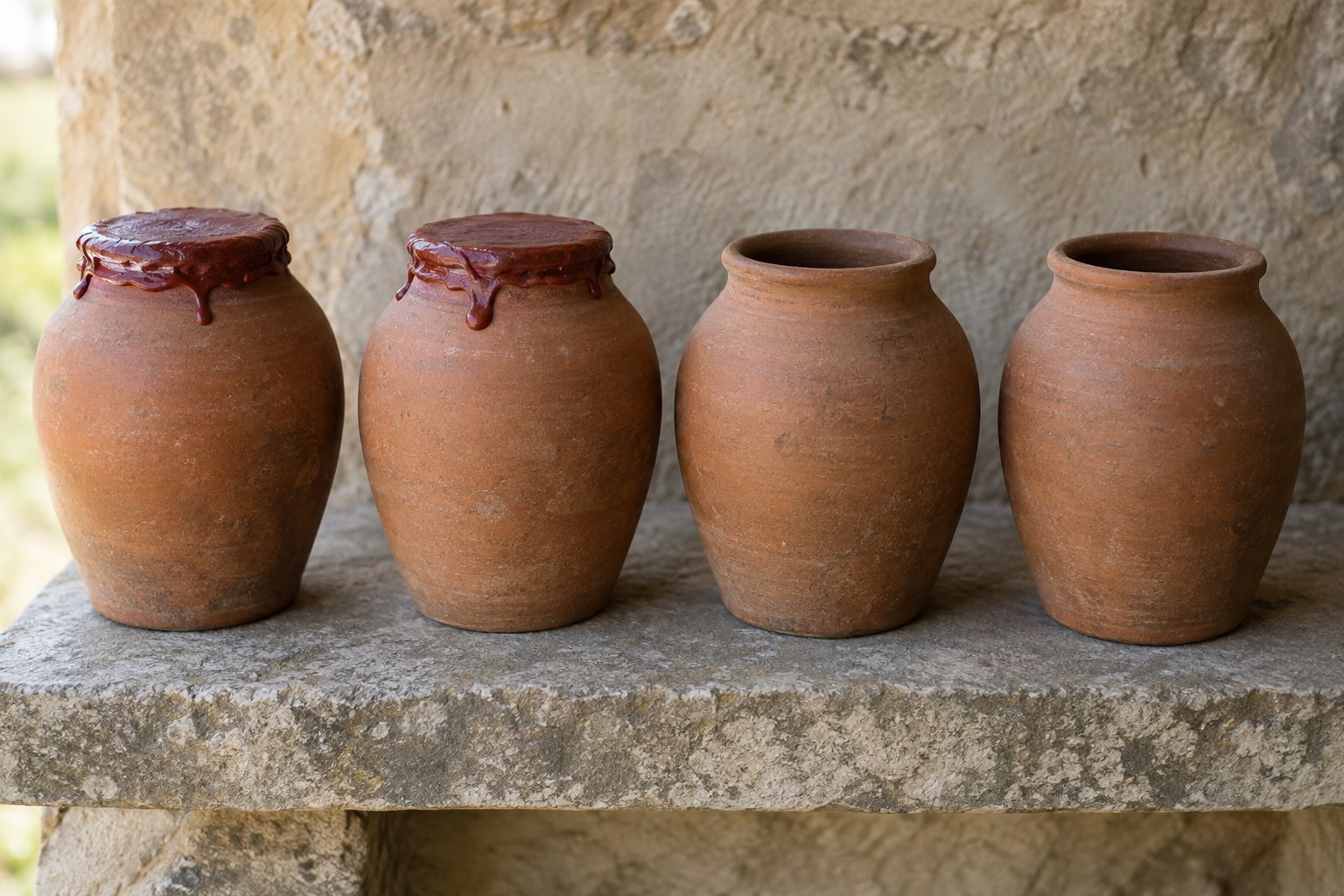 Four identical clay storage jars in a row on a stone shelf, the two on the left sealed with wax and the two on the right open and empty