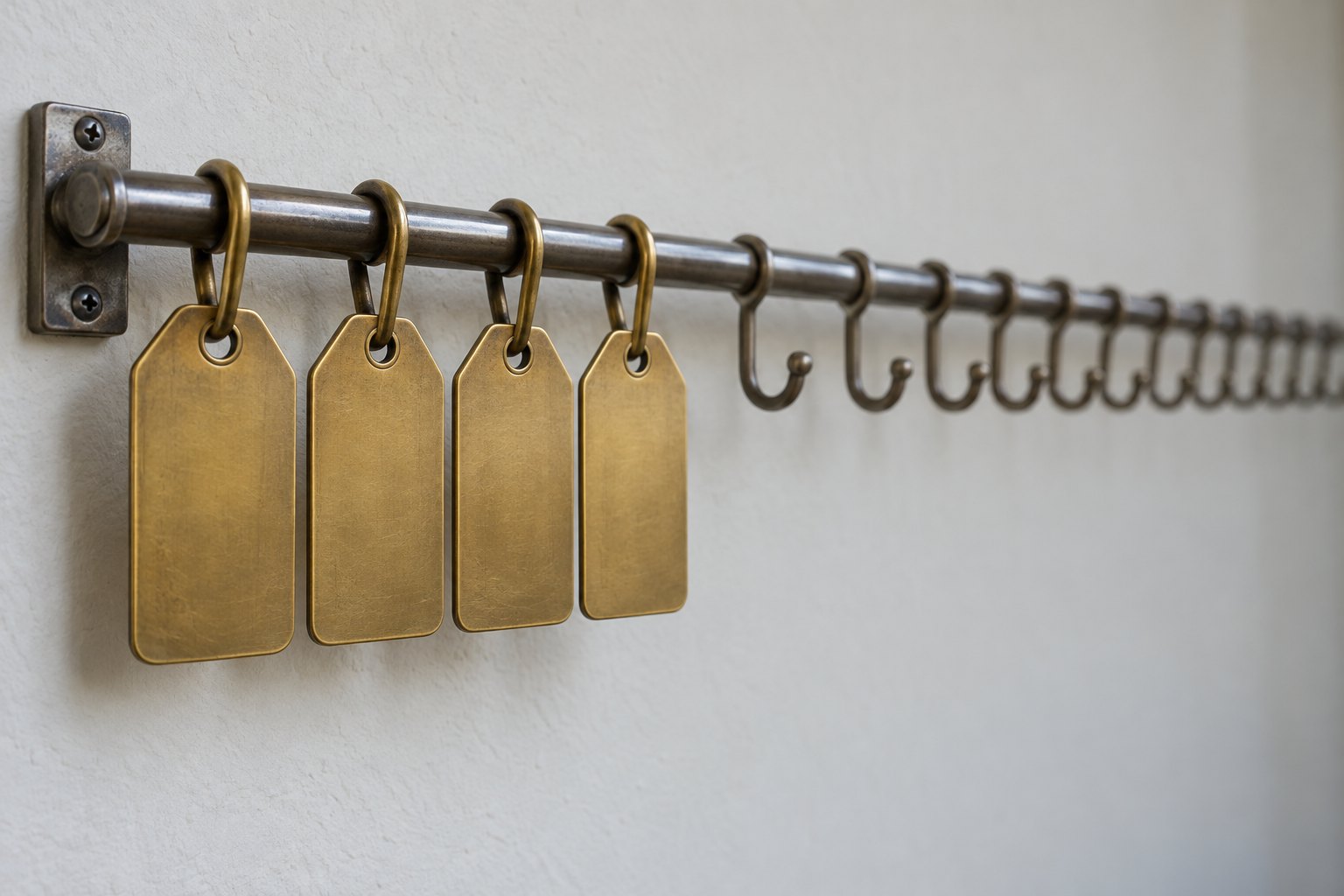 A short row of four brass luggage tags hanging from a rail, and a much longer row of plain unlabelled hooks continuing past them