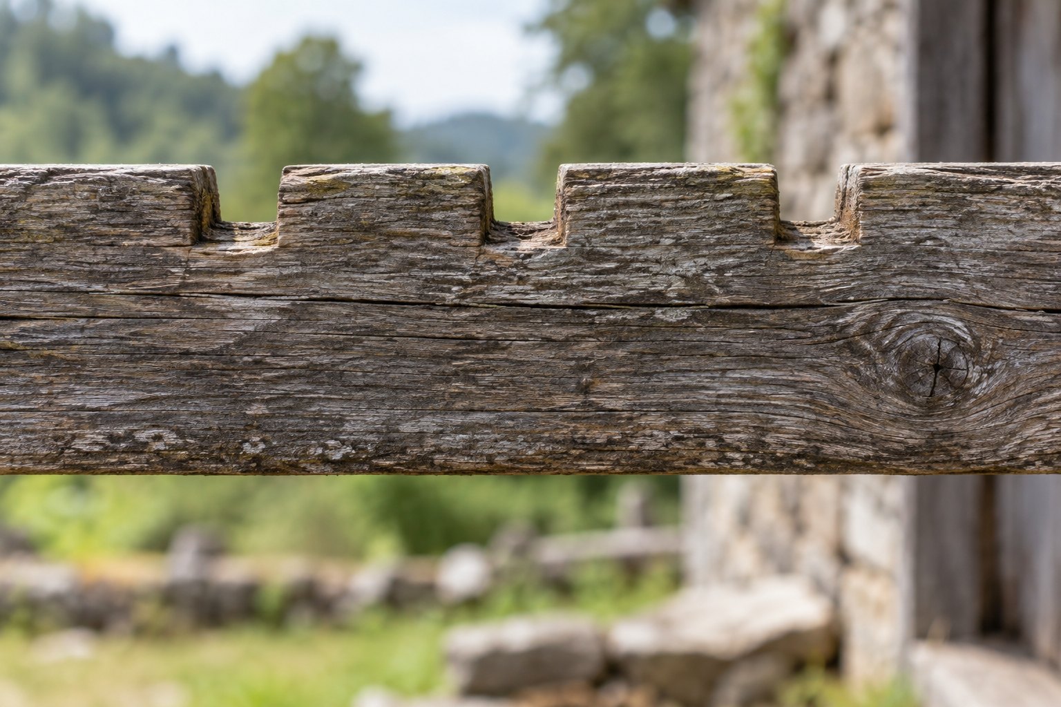 Three shallow notches cut at even intervals into the edge of a weathered wooden beam, photographed straight on