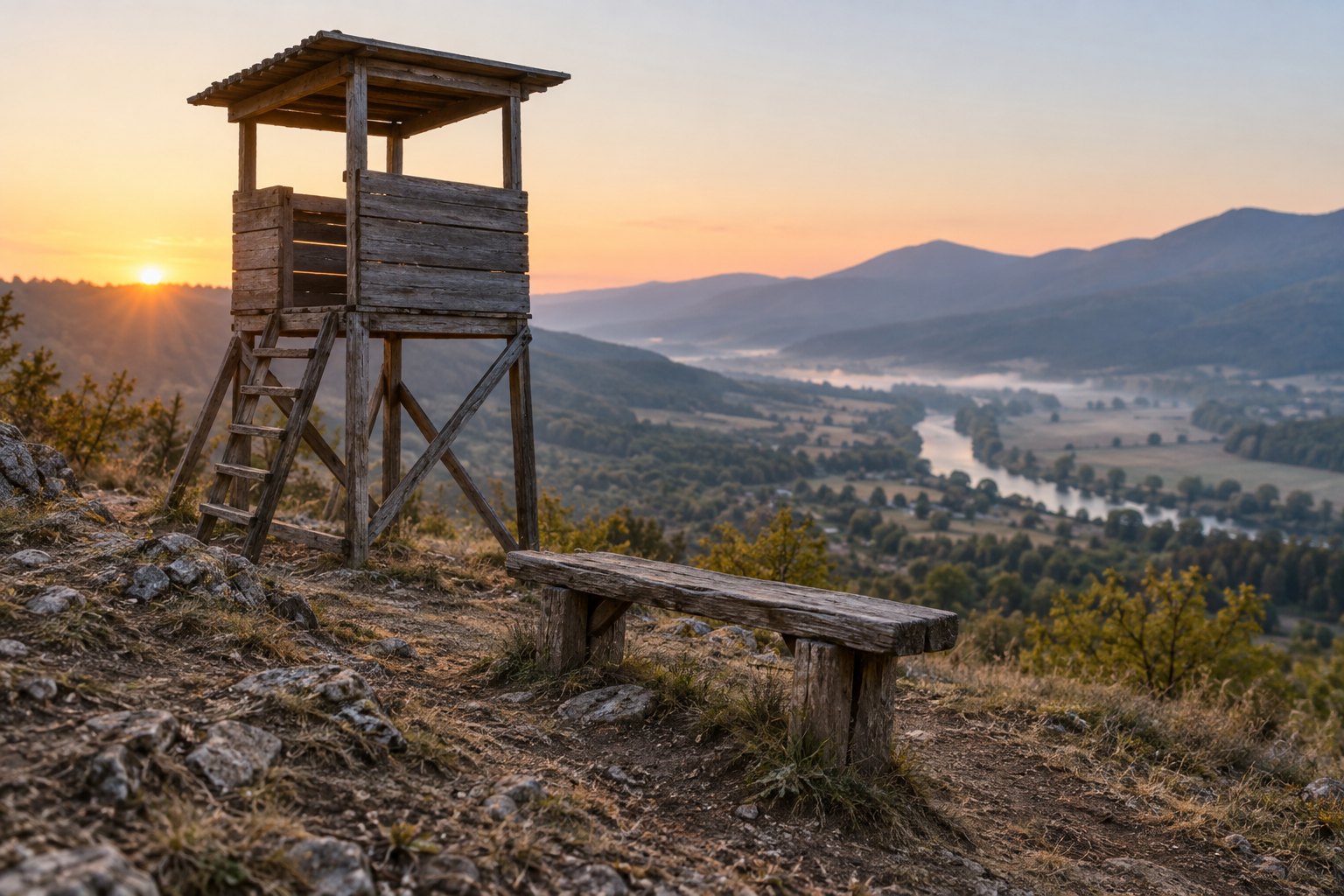 An empty wooden watch post on a bare hillside at first light, with a worn bench and a clear view down the valley