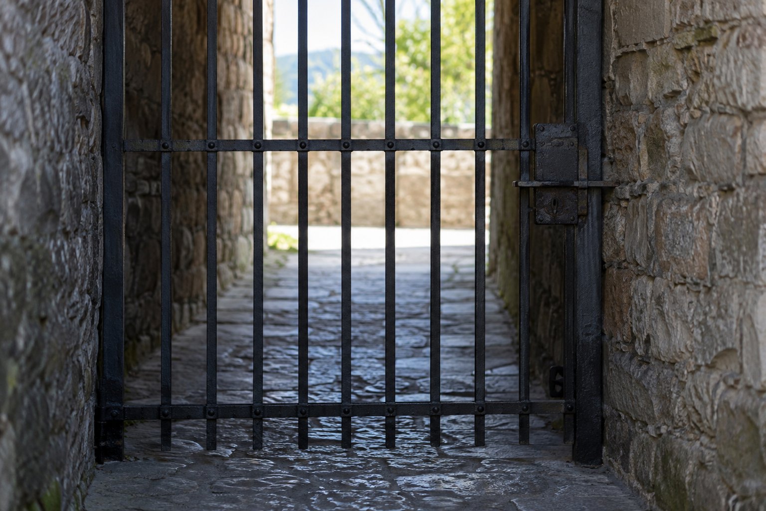 A heavy iron gate closed across a narrow stone passage, with bright daylight visible through the bars from the far side