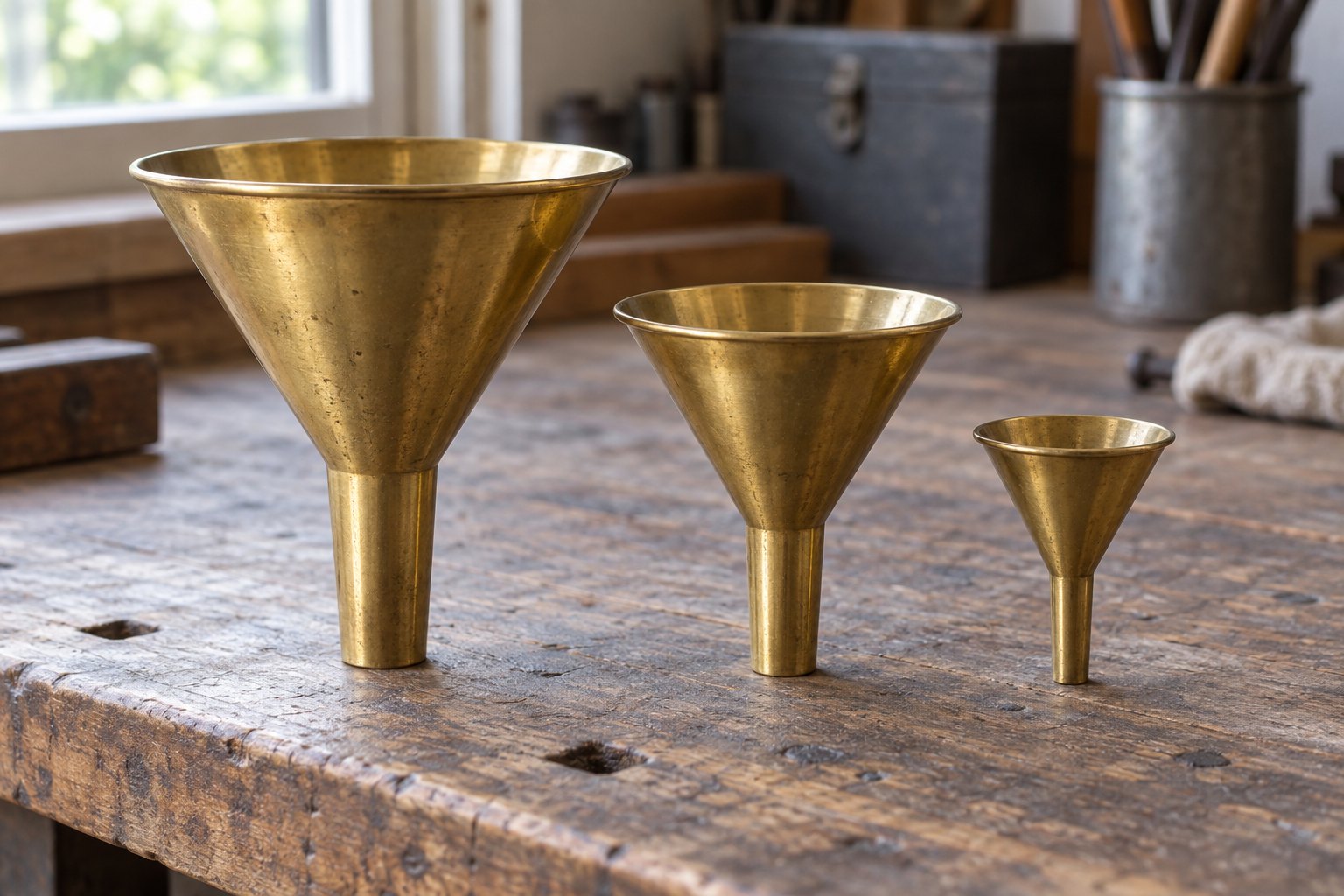 Three brass funnels of decreasing size standing in a row on a workbench, each narrower than the one before it