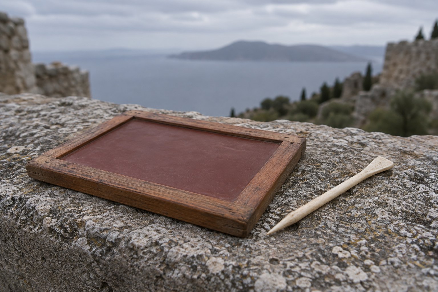 A plain wax writing tablet and a bone stylus resting on a bare stone ledge outdoors under overcast light