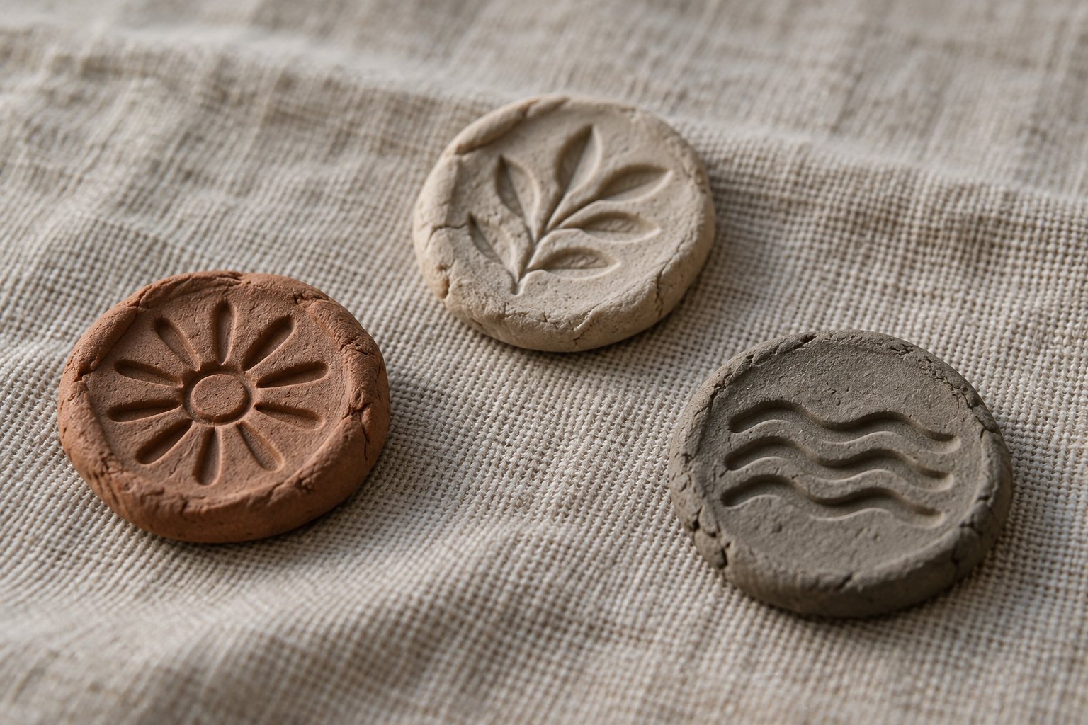Three small clay seal impressions of different designs laid apart on a linen cloth, each pressed from a different stamp
