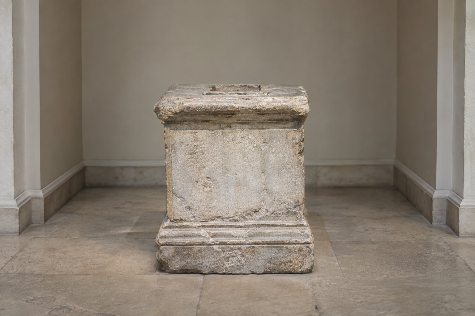 A worn stone plinth in an empty museum alcove, its top socket vacant where a figure once stood, lit by flat gallery light