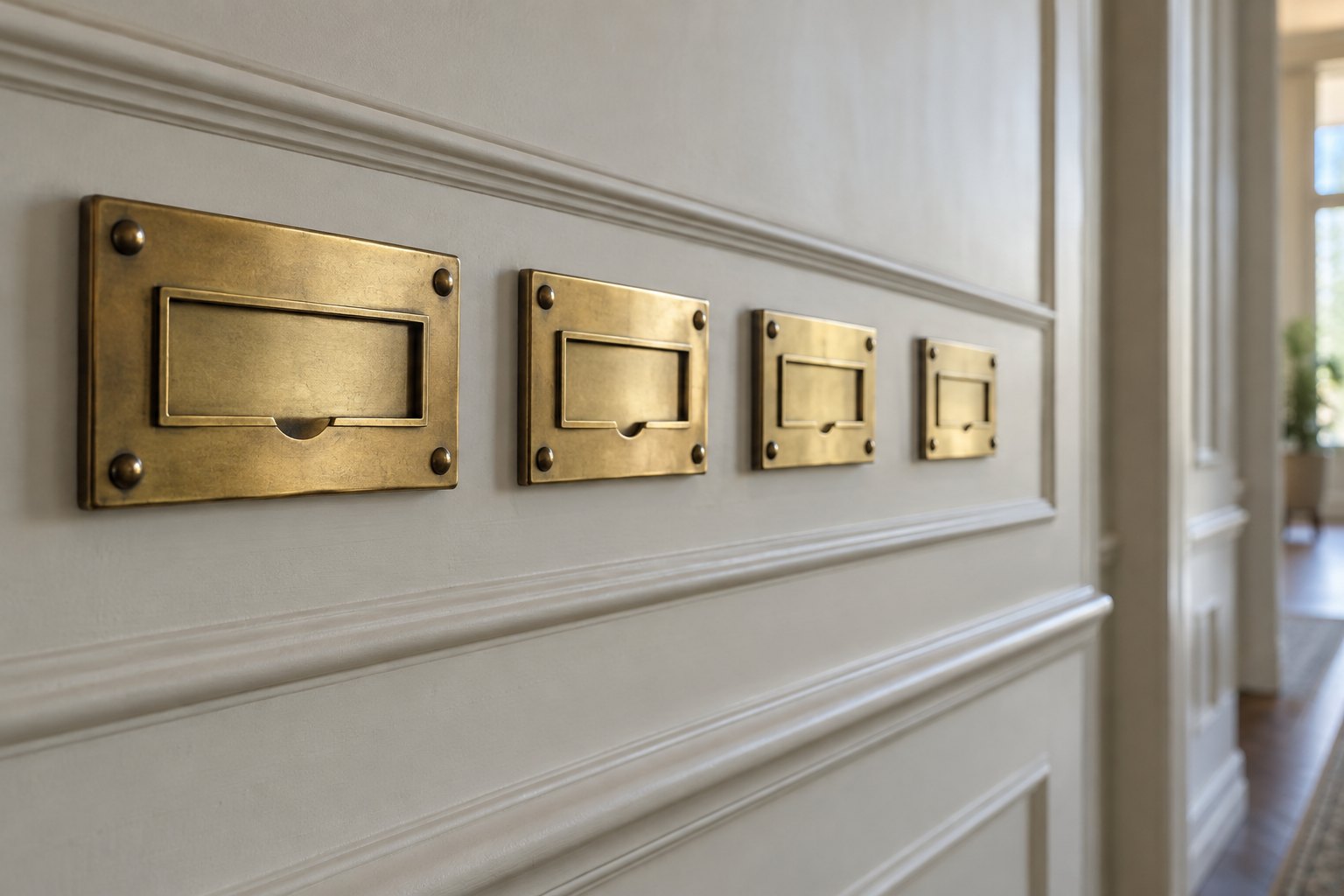 Four identical brass door plates mounted in a row on a panelled corridor wall, each with an empty slot where a name card would sit