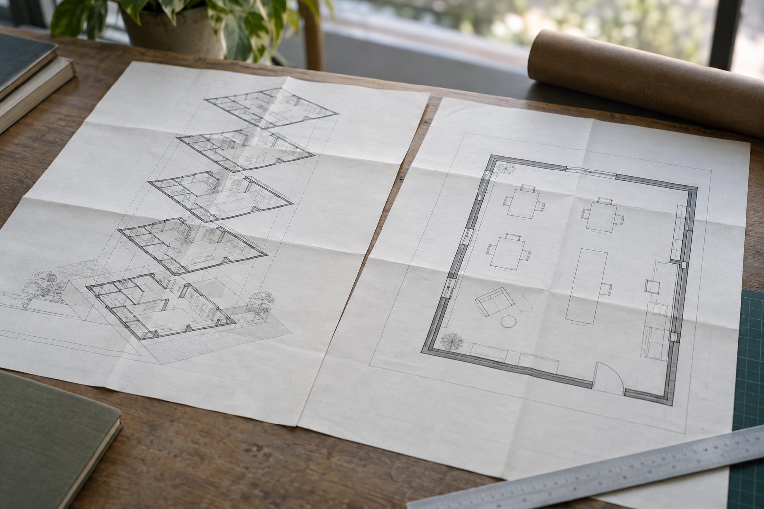 Two folded architectural plans lying side by side on a drafting table, one showing stacked floor levels and the other a single room with numbered stations
