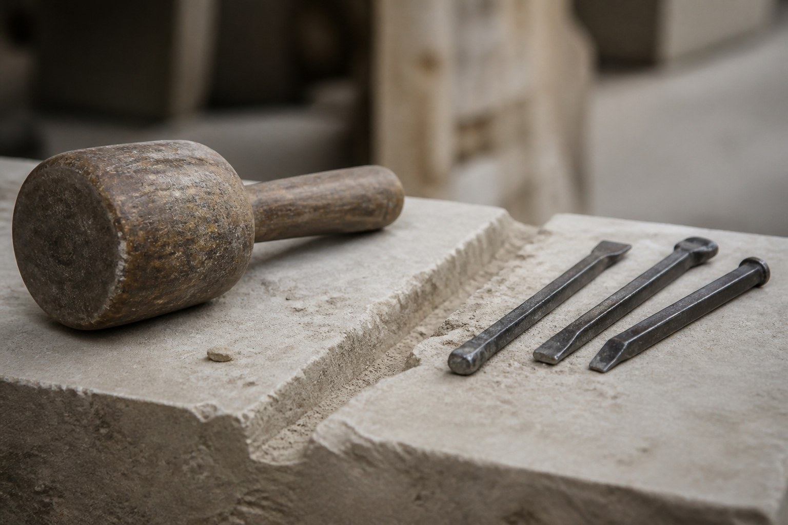 A stone mason's mallet and chisels resting on a limestone block with one groove partly cut