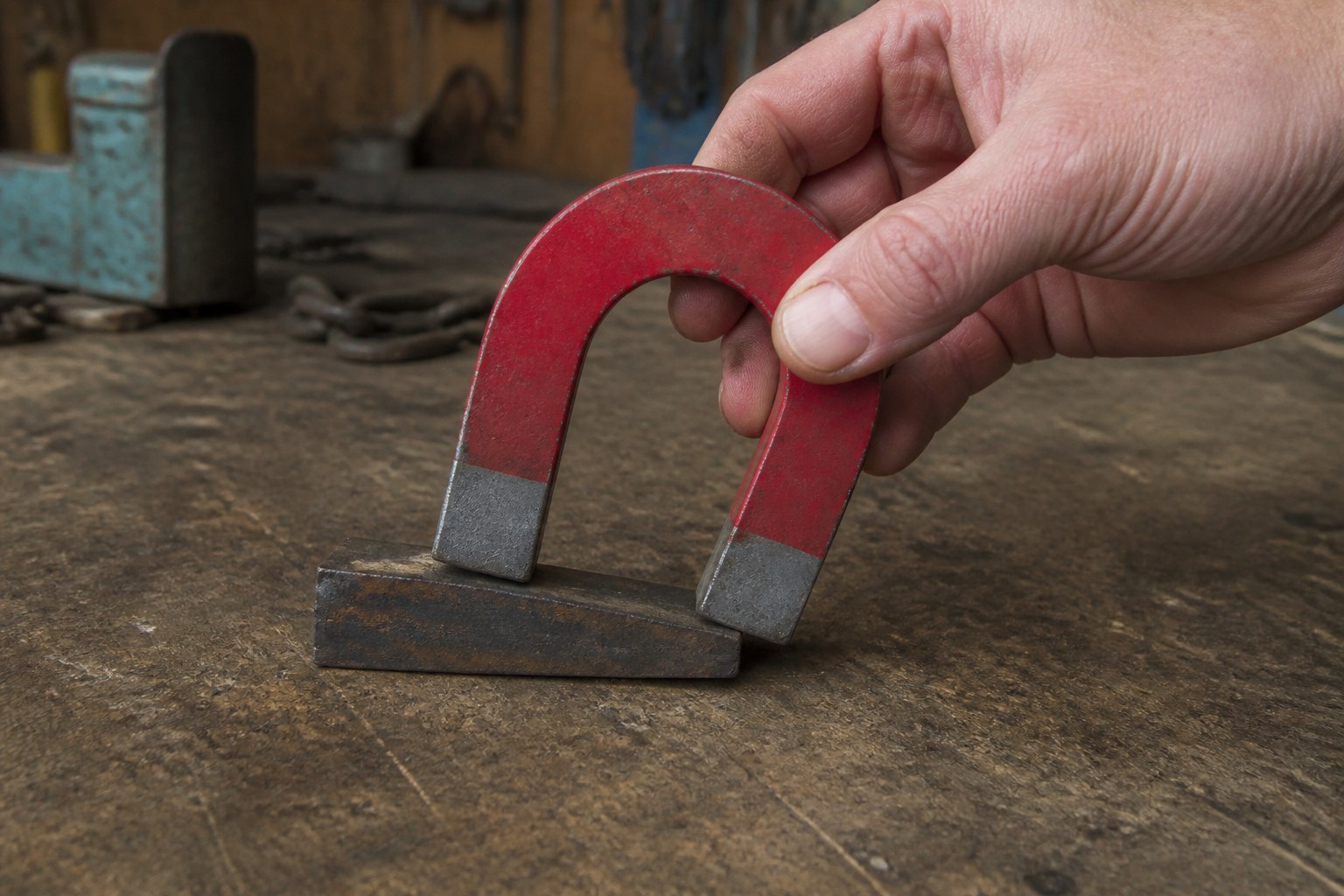 A horseshoe magnet held against an object that is not lifting off the bench