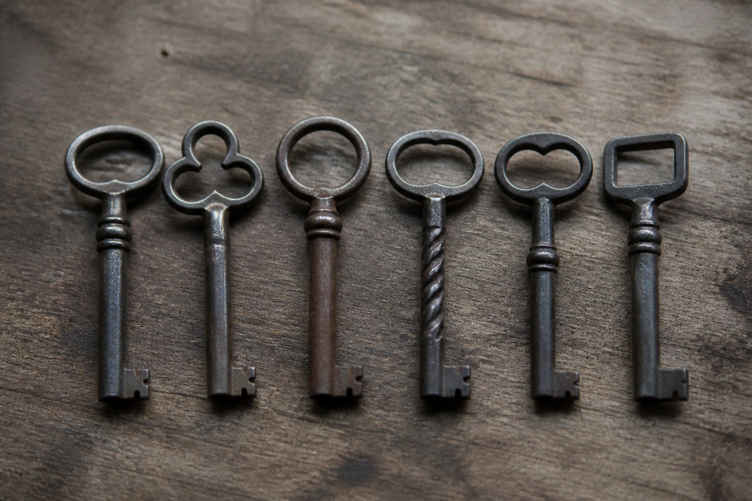A row of different iron keys laid side by side, every one sharing an identical notch at the tip