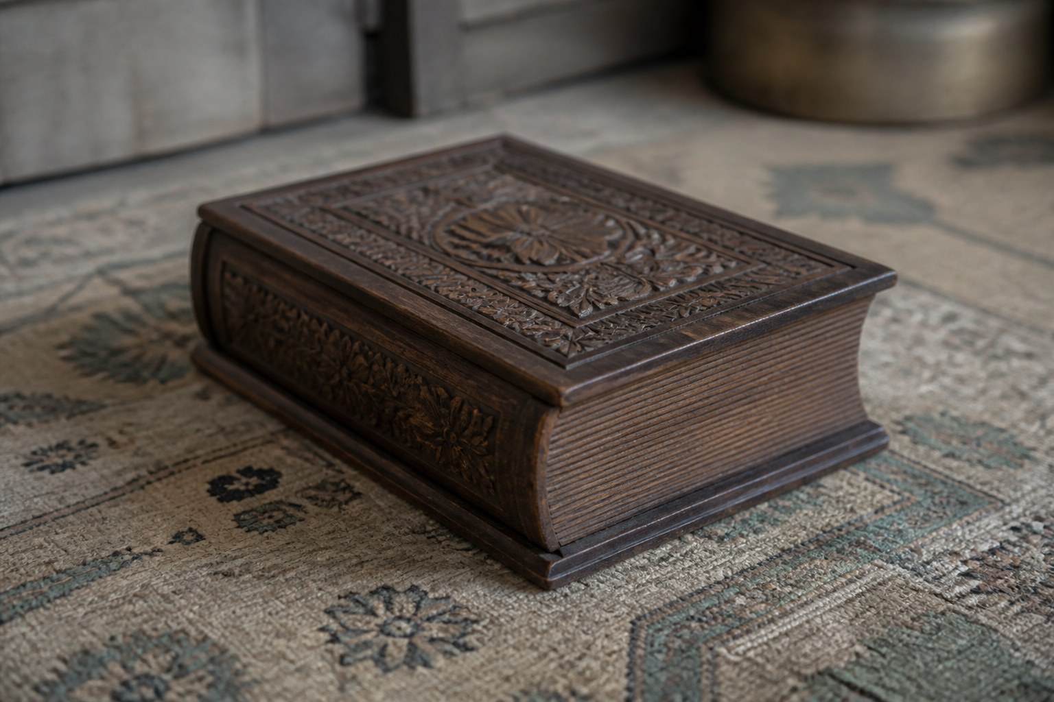 A carved wooden book box with its lid closed, standing on a patterned floor