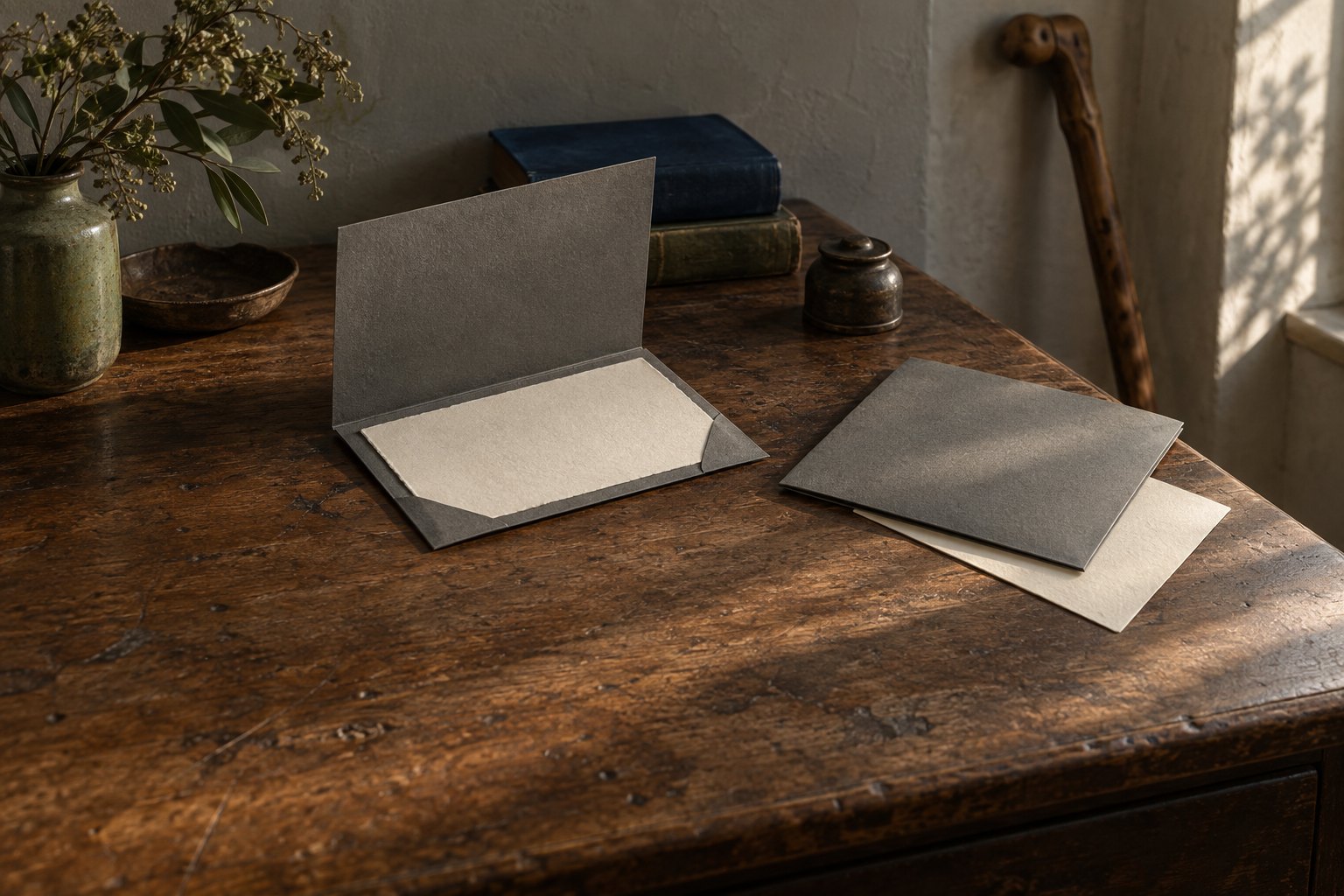Two blank cream paper slips on a walnut desk, one lying open inside a grey card folder and the other covered by a closed folder