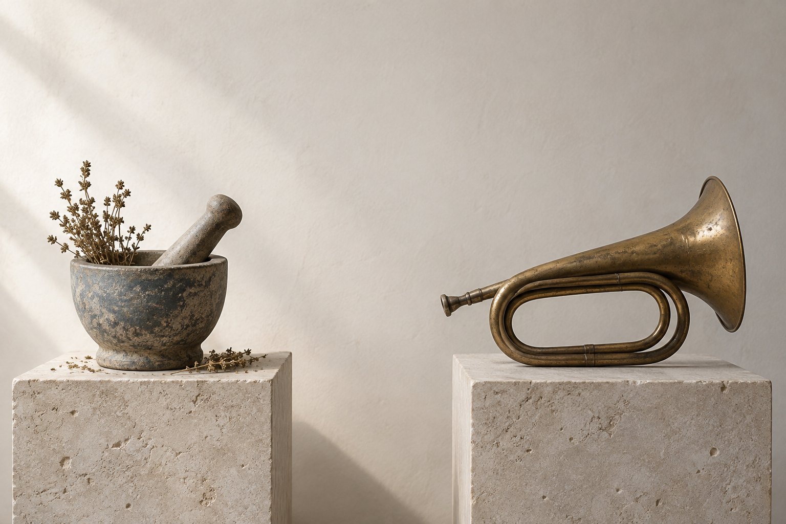 An apothecary mortar and pestle with dried herbs on one stone plinth and a tarnished brass horn on a separate plinth