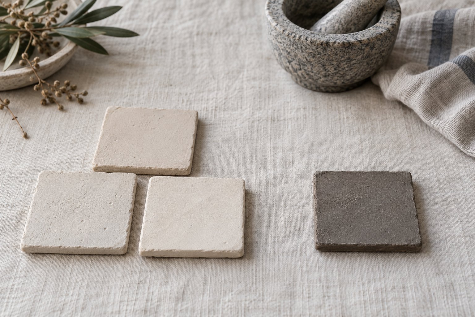 Three pale clay tiles grouped on linen and separated by a gap from a single darker tile, with a stone mortar behind