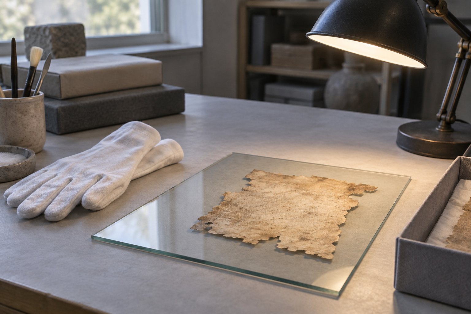 A torn fragment of blank aged parchment lying flat under glass on a conservation table beside folded cotton gloves