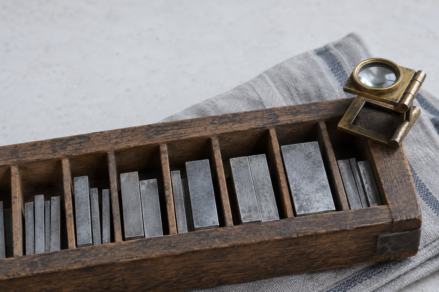 A wooden letterpress type case holding blank unmarked metal type slugs of different widths, with a brass loupe resting on the rim