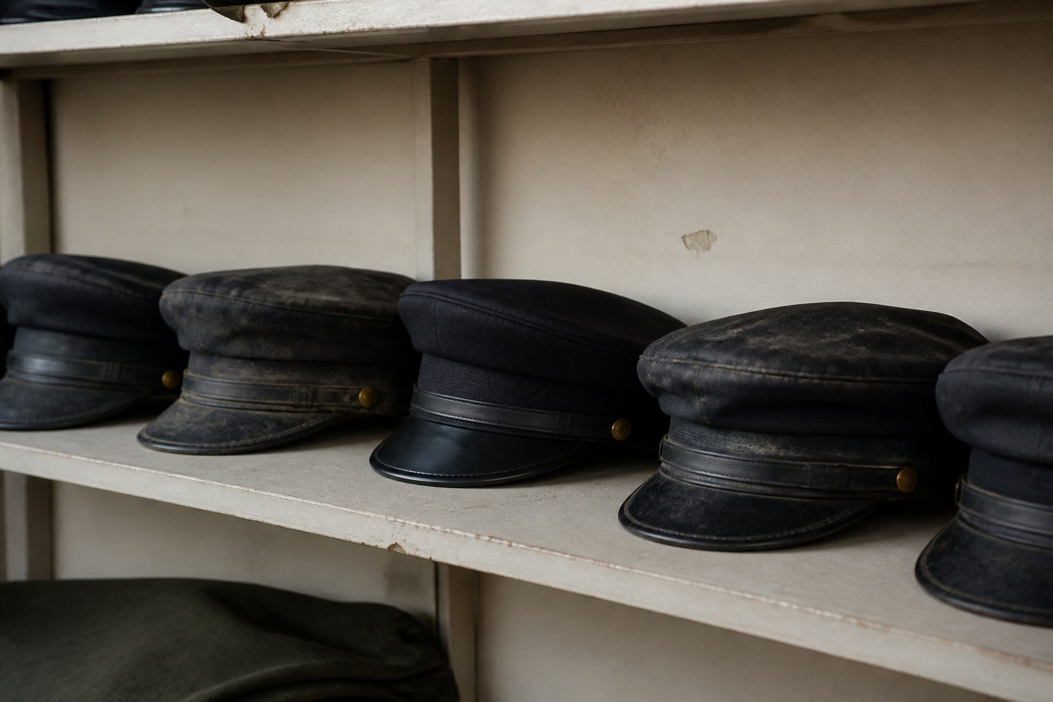 A row of identical uniform caps with one visibly newer than the rest