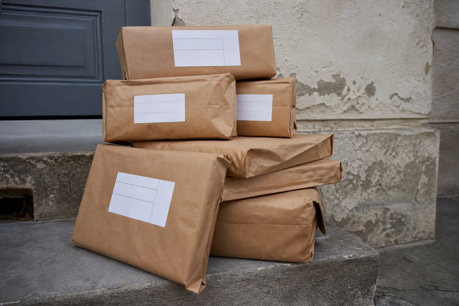 A stack of brown paper parcels all carrying the same printed address label