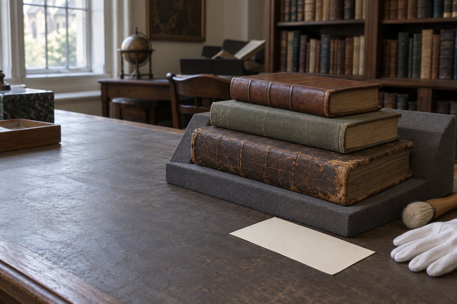 A conservation reading room with three closed volumes of decreasing age stacked on a foam cradle beside a blank slip of paper