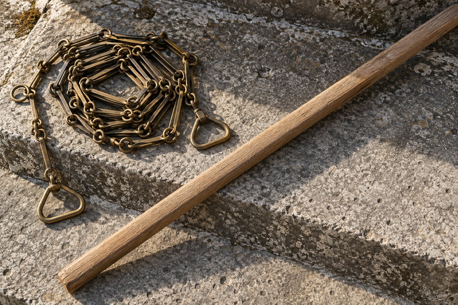 A brass surveyor's measuring chain coiled on a stone step beside a plain wooden rod, photographed from above in daylight