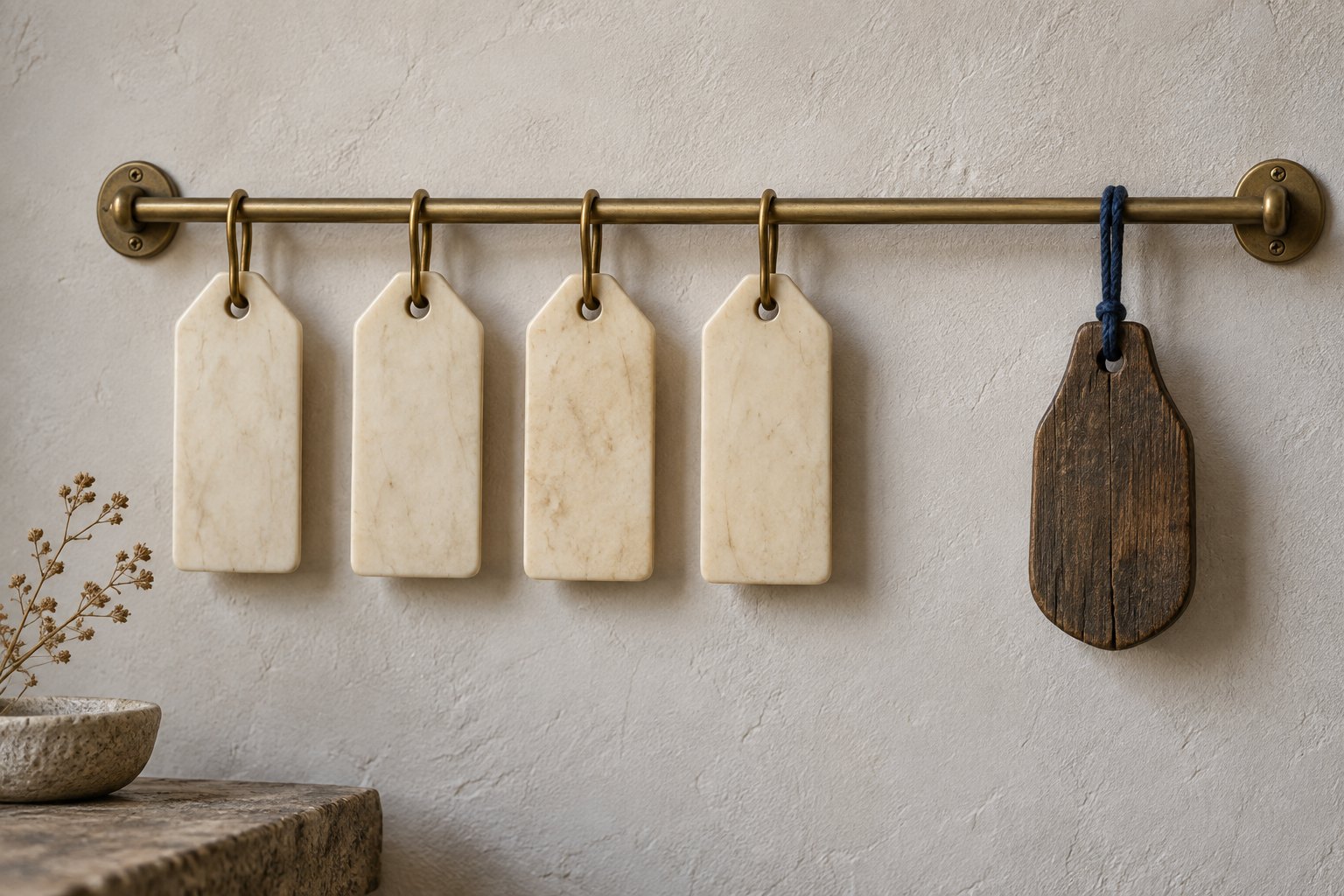 Four identical blank bone name tags hung in a row on a rail, with a fifth tag of different shape and material set apart at the end