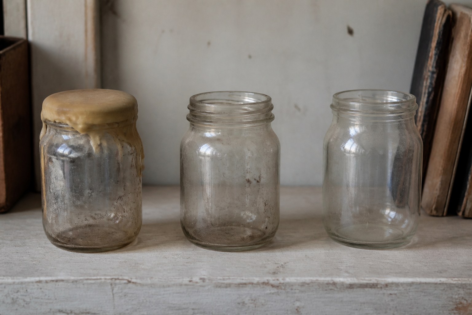 Three glass jars on a shelf, one sealed with wax, one open, one empty