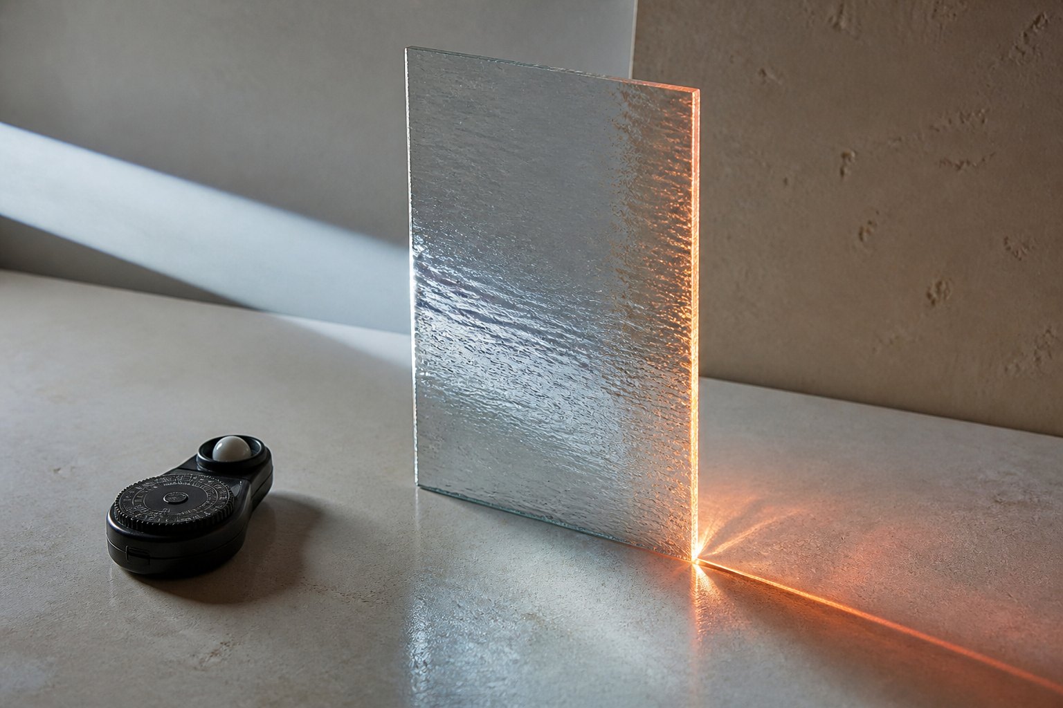 A light meter beside a textured glass panel separating cool white light from an orange edge glow