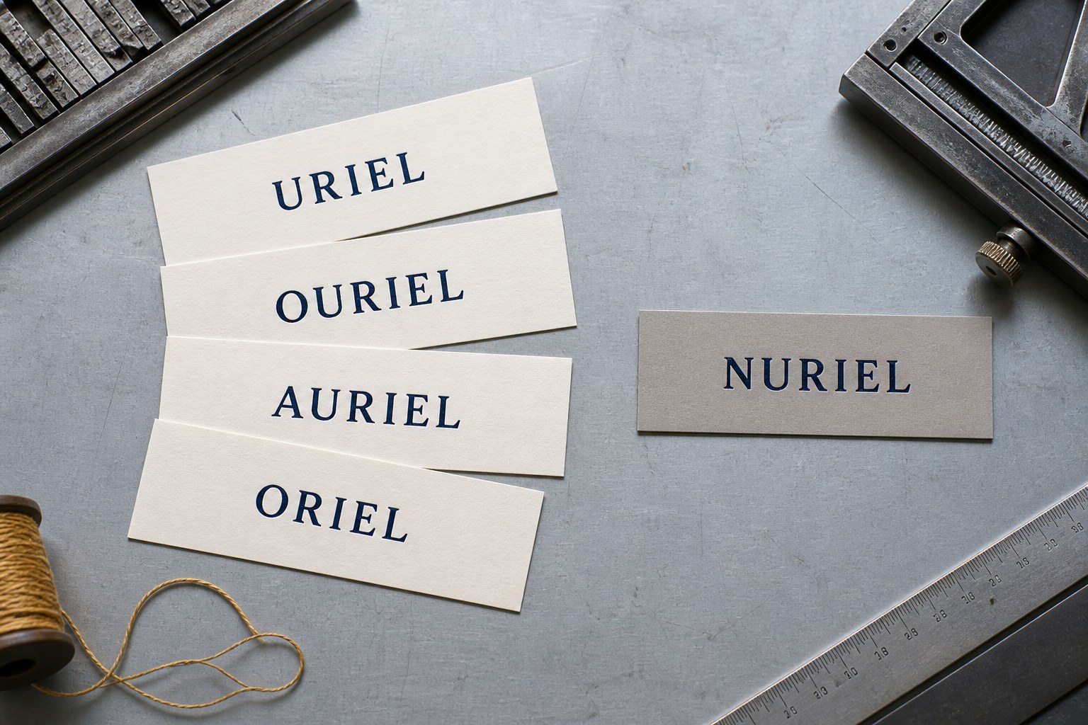 Printed cards reading Uriel, Ouriel, Auriel, Oriel, and Nuriel beside metal typesetting tools