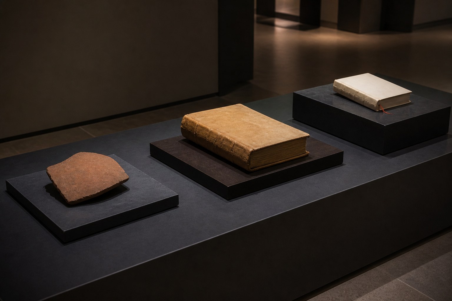 Three distinct ancient manuscript formats displayed in chronological sequence