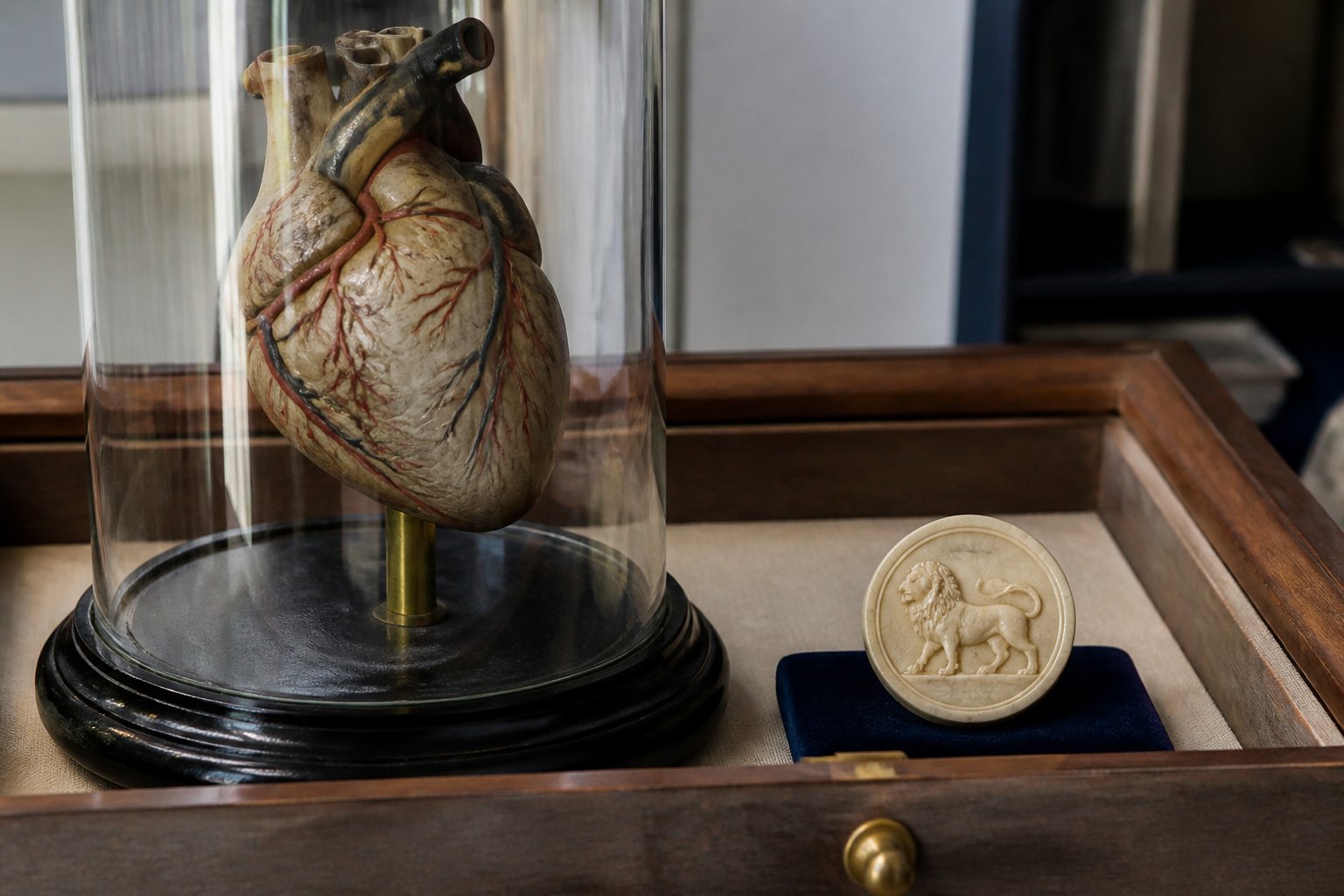 A historical anatomical diagram displayed beside a separate Leo token in a museum drawer