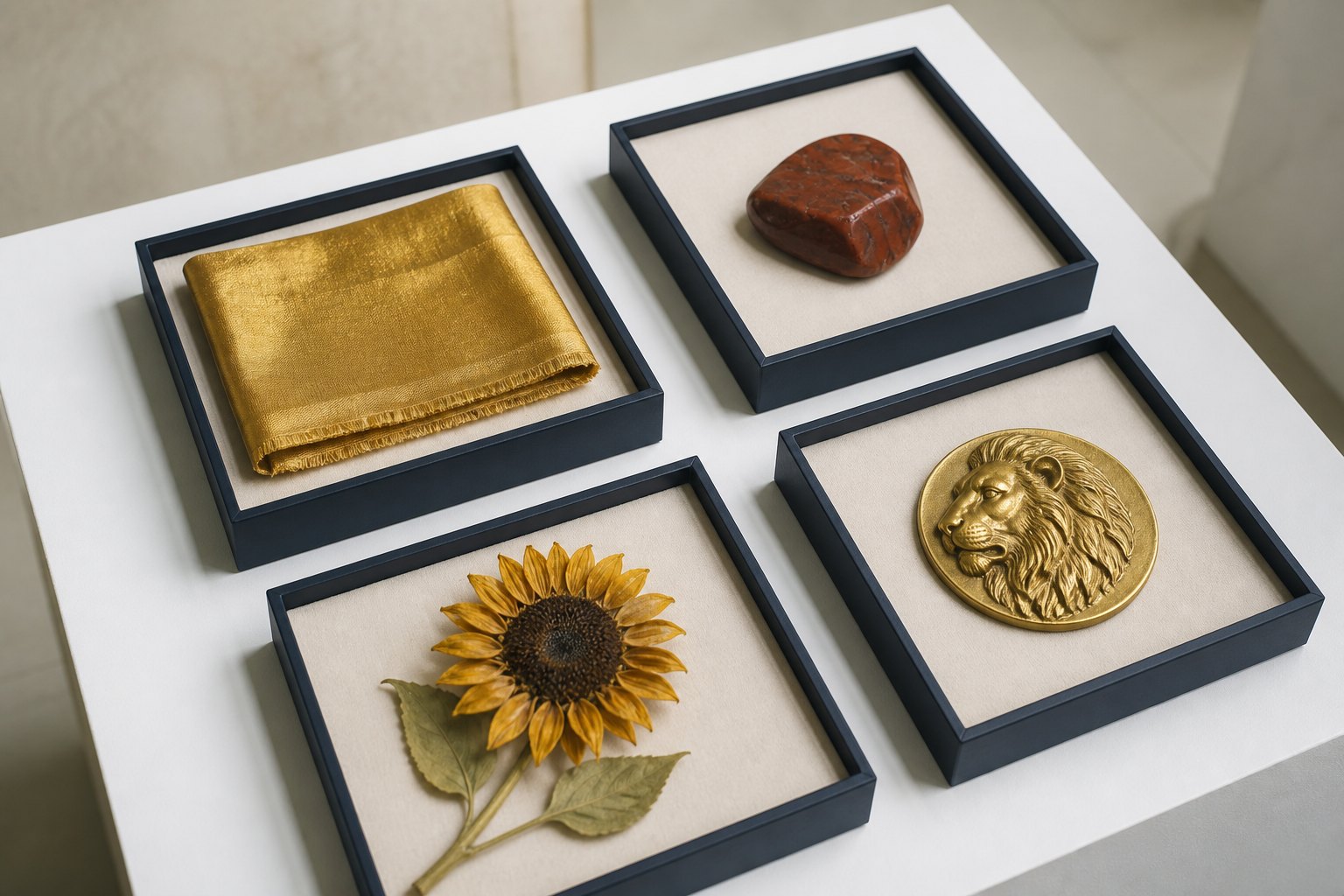 Separate museum trays holding a gold textile swatch, red stone, sunflower study, and lion medallion