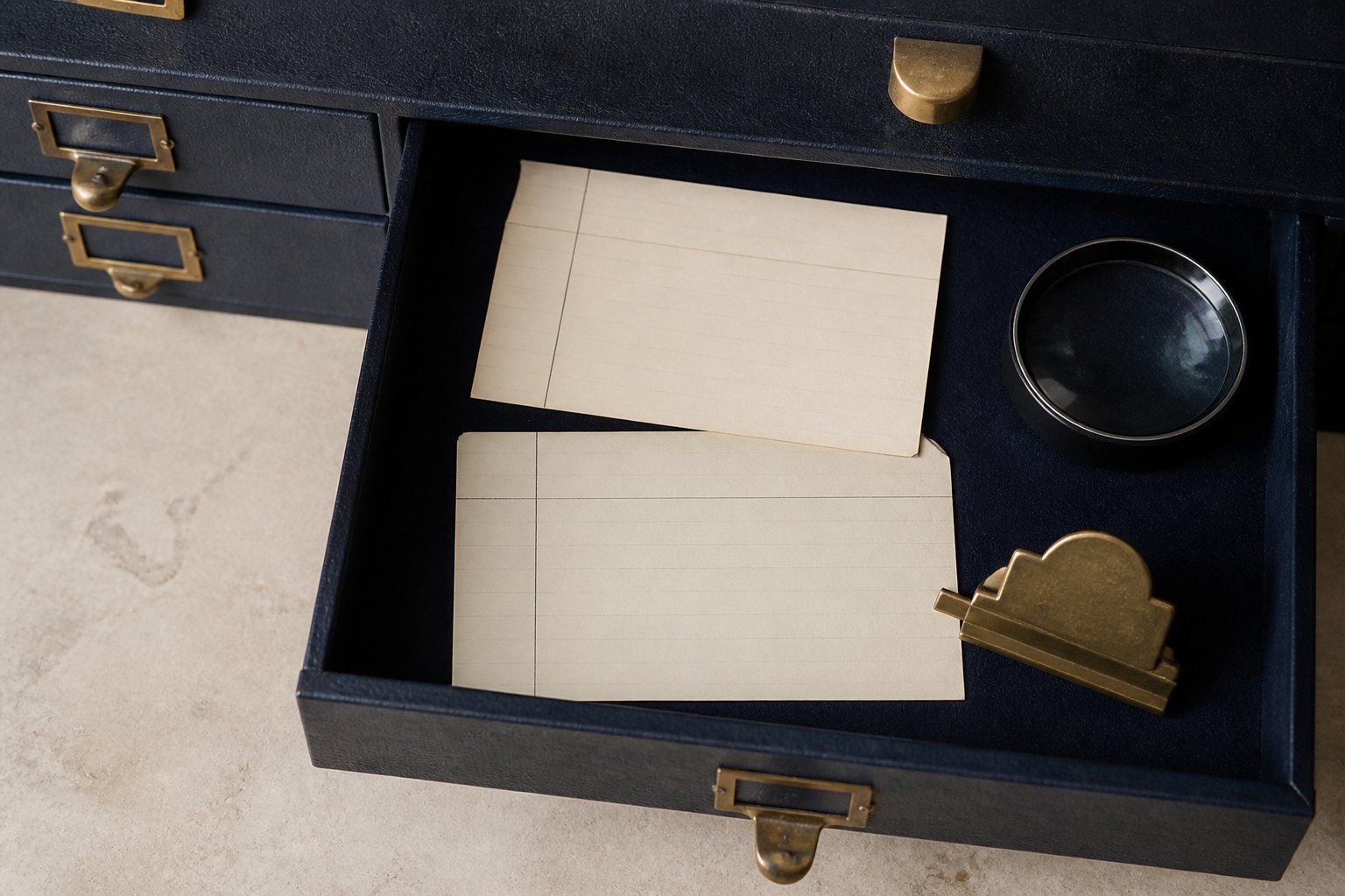 Two blank archival name slips beside a magnifying lens and a small letterform chart